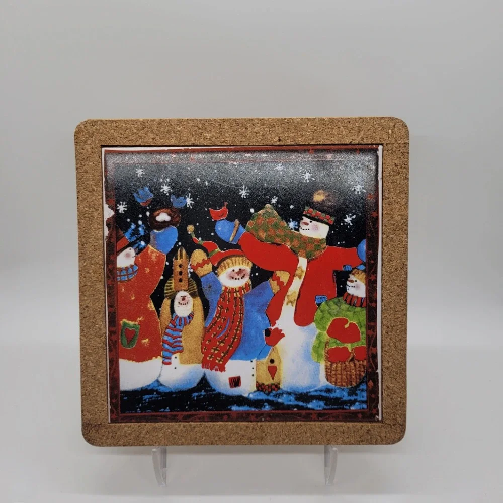 Vintage Christmas Santa Snowman Cork‎ Ceramic Trivets Set of 3 Holiday Decor